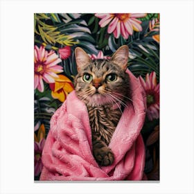 Cat Wrapped In Pink Towel Canvas Print