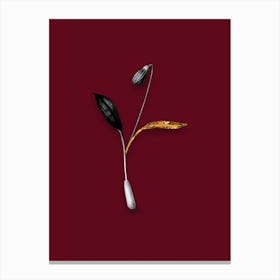 Vintage Erythronium Black and White Gold Leaf Floral Art on Burgundy Red Canvas Print