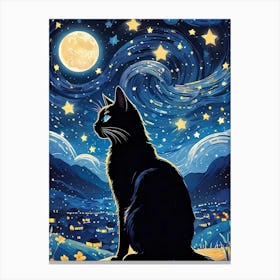 Black Cat Starry Night Canvas Print