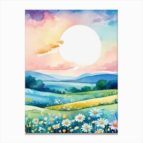 Watercolor Landscape With Daisies Canvas Print