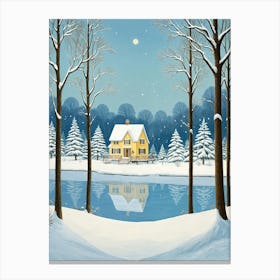 Yellow House By The Snowy Lake Canvas Print