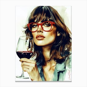 Beauty With Red Glasses And A Glass Of Wine 2 Canvas Print