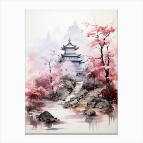 Chureito Pagoda In Yamanashi, Japanese Brush Painting, Ukiyo E, Minimal 3 Canvas Print