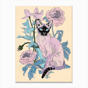 Cute Siamese Cat With Flowers Illustration 1 Canvas Print
