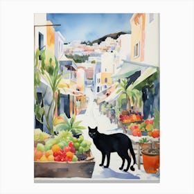Food Market With Cats In Santorini 1 Watercolour Canvas Print