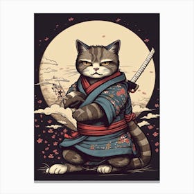 Cute Samurai Cat In The Style Of William Morris 8 Canvas Print