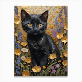 Klimt Style Black Kitten Cat in English Garden Wild Flowers Gold Leaf Painting - Gustav Klimt Monet Waterlillies HD High Resolution Poppies Canvas Print