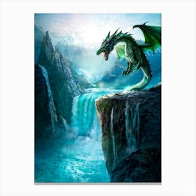 Green Dragon Perched Atop A Jagged Cliff Glacier Blue Ocean Waters Churning Below Cascading Waterf 1 Canvas Print