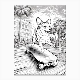 Corgi Dog Skateboarding Line Art 4 Canvas Print