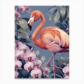 Lesser Flamingo And Orchids Minimalist Illustration 2 Canvas Print