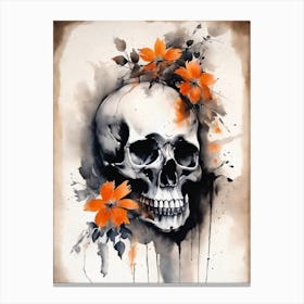 Abstract Skull Orange Flowers Painting (1) Canvas Print