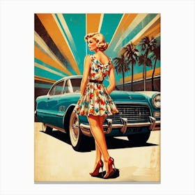 Poster Girl On The Background Of A Retro Car Canvas Print