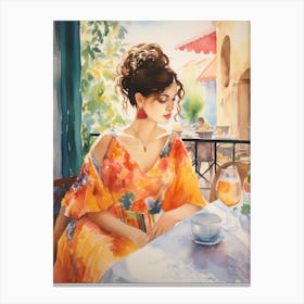 At A Cafe In Mallorca Spain Watercolour Canvas Print