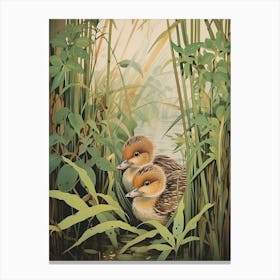 Ducklings In The Leaves Japanese Woodblock Style 3 Canvas Print