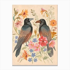 Folksy Floral Animal Drawing Raven 6 Canvas Print