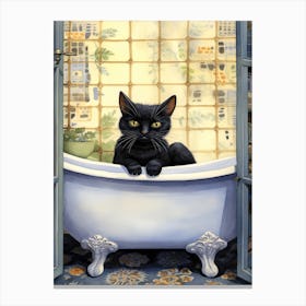 Black Cat In Bathtub Botanical Bathroom 3 Canvas Print