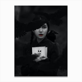 Girl Raven Black and White Canvas Print