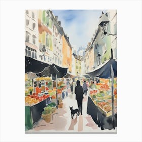 Food Market With Cats In Lyon 3 Watercolour Canvas Print