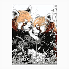 Red Panda Playing Together In A Meadow Ink Illustration 4 Canvas Print