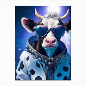 Funny Cow Wearing Jacket And Glasses With In Space Background Canvas Print