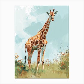Giraffe In The Grass Colourful Illustration 4 Canvas Print