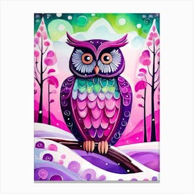 Pink Owl Snowy Landscape Painting (74) Canvas Print