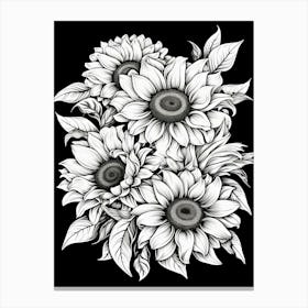 Sunflowers In Black And White Line Art 4 Canvas Print