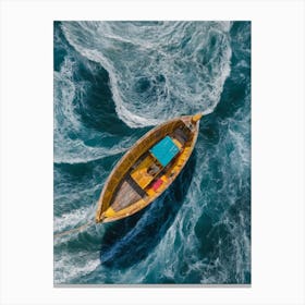 Yellow Wooden Boat In Rough Waters Canvas Print