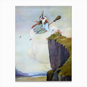 Witch on a Broomstick 1919 by Ida Rentoul Outhwaite - Red Cape and Black Bats Witchy Vintage Art Deco Fairycore Witchcore Witches Cottagecore Pagan Beautiful Remastered Drawing Witch on a Cliff Practicing Flying on a Broom Canvas Print
