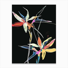 Neon Flowers On Black Bird Of Paradise 2 Canvas Print