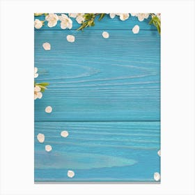 Blue Wooden Background With White Flowers Canvas Print