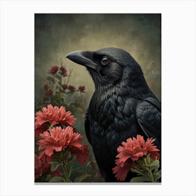 Crow In Flowers Canvas Print