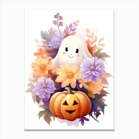 Cute Ghost With Pumpkins Halloween Watercolour 1 Canvas Print