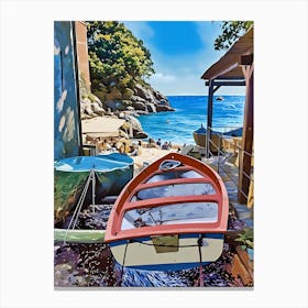 A red rowboat with a white and blue trim sits on a wooden dock, facing a picturesque cove. The boat is tied to the dock with ropes, and a green tarp is visible behind it. The cove is surrounded by rocky cliffs covered in lush green trees, and the clear blue water is sparkling in the sunlight. Canvas Print