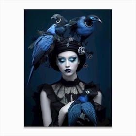 Woman With Blue Birds On Her Head Canvas Print