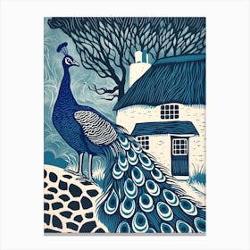 Peacock By The Cottage Navy 3 Canvas Print