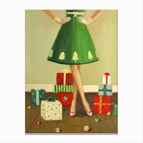 Girl In Green Dress With Christmas Presents Canvas Print