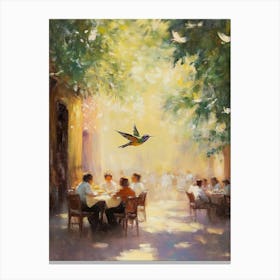 An Impressionist Oil Painting Depicting A Street Cafe Where People Rest Together And Eat Canvas Print