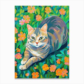 Cat Chilling With Flowers Oil Painting Canvas Print