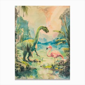 Storybook Painting Of A Dinosaur With A Flamingo Canvas Print