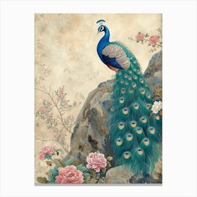 Peacock On A Rock Vintage Wallpaper Canvas Print