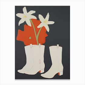 A Painting Of Cowboy Boots With White Flowers, Pop Art Style 12 Canvas Print