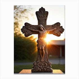 An Intricately Carved Wooden Cross Representing Faith Its Silhouette Beautifully Etched Against Thi Canvas Print