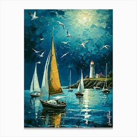 Calm Water Sailboats And Lighthouse 10 Canvas Print