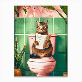 Bathroom Tabby Cat Art Print, Kitten Poster, Cute Cat On Toilet Print, Funny Cat Poster, Aesthetic Cat Lovers Wall Art, Gifts For Cat People Canvas Print