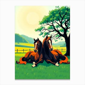 Horse Brothers Under A Tree - Color Drawing Canvas Print