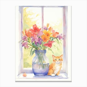 Cat With Sweet Pea Flowers Watercolor Mothers Day Valentines 1 Canvas Print