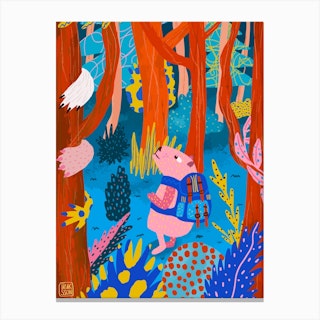 Backpacking Pink Capybara In Forgotten Forest Canvas Print