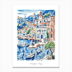 Portofino Illustration Line Art Italy Travel Blue Canvas Print