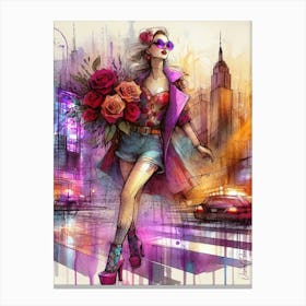 Rockabilly Woman With A Bouquet Of Red Roses 2. Canvas Print